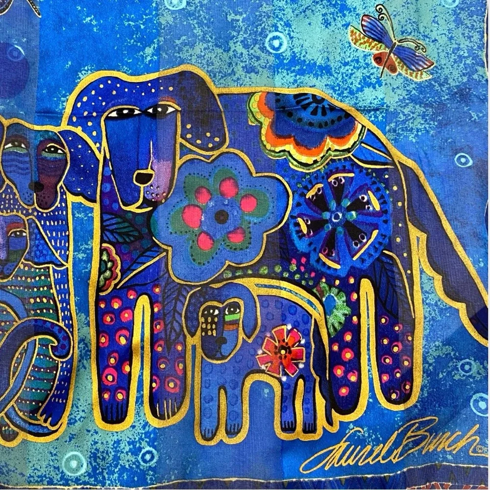 Laurel Burch Blue Multicolor Floral Dog Silk Scarf with Fringe